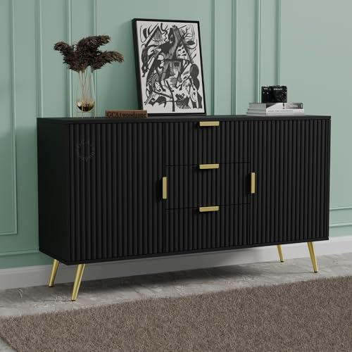 Image of Wooden Sideboard Cabinet for Living Room | Side Board with 3 Drawers & 2 Doors Cabinet Storage for Dining, Drawing and Home Office | HDMR Premium Wood & Iron | Black & Golden