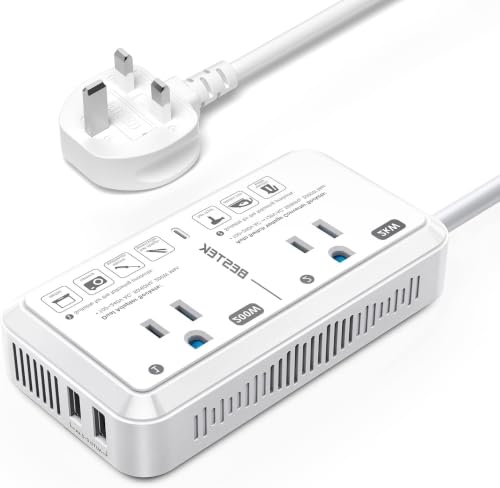 Image of BESTEK US to UK Plug Adapter Voltage Converter 2000W 220V to 110V Converter with 2 USB Ports, Type G Adapter for UK Ireland Scotland and Hong Kong