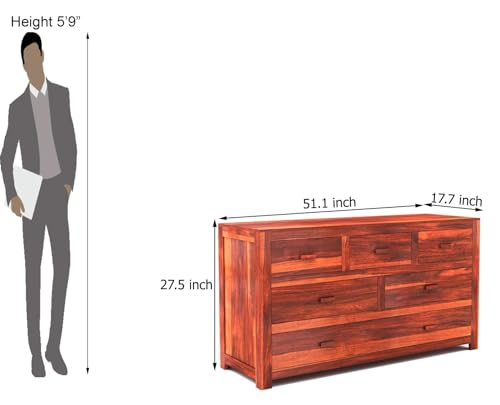 Image of Sheesham Wood Chest of 6 Drawers for Storage | Wooden Sideboard Cabinet for Living Room, Bedroom (Honey Finish)