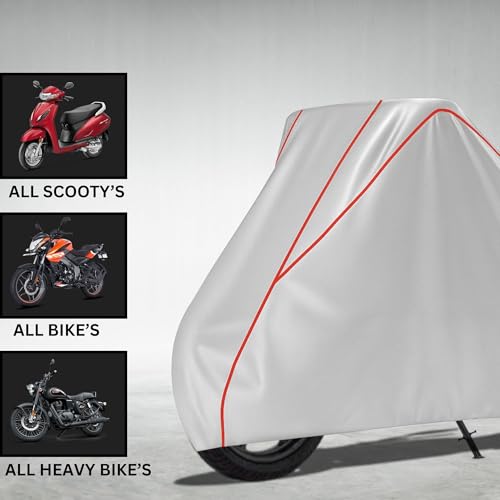 Image of Taffeta Bike Cover Premium Waterproof, Dustproof & UV Protected Two-Wheeler Body Shield | Heavy-Duty, All-Weather Protection | Universal Fit for Motorcycles & Scooters (Silver Red Pipe)