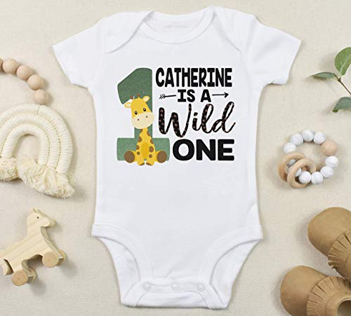Safari First Birthday Bodysuit, Wild One Birthday Boy or Girl, Personalized Giraffe Birthday Shirt with Name, Zoo Theme Birthday Outfit2