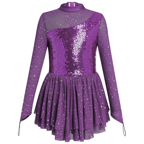 FYMNSI Eiskunstlaufkleid für Mädchen, glitzernde Strasssteine, langärmelig, Netzstoff, Tüll, Rock, Turnanzug, Gymnastik, Ballett, Tanzkleidung, violett, 5-6 Jahre