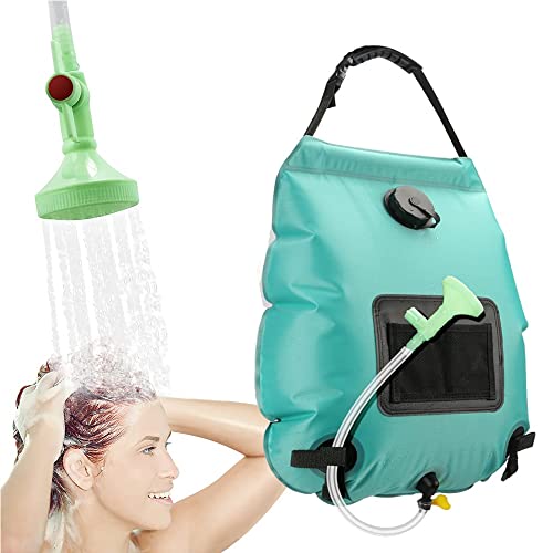 Punvot Ducha solar para camping, 20 l, saco de ducha portátil para exteriores, calefacción solar, ducha de jardín, jardín, ducha con cabezal de ducha y encendido/apagado (cian)