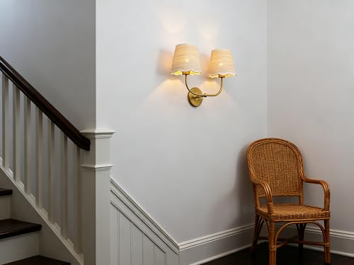 Image of Phansthy Industrial Hardwired Wall Sconce Vintage Farmhouse Wall Light, Boho Brass Finished Wall Lamps with Natural Rattan Woven Lampshade for Bedroom, Living Room (Antique Gold, Two-Light)