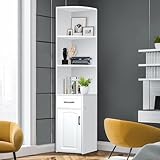 bimiti Boekenkast, wit, 5 verdiepingen, hoekrek, 30 x 30 x 180 cm, badkamermeubel, hoge kast, vrijstaande boekenkast, staande plank met lade, open opslag voor woonkamer, slaapkamer, kantoor