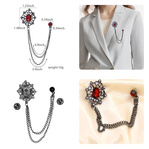 Image of Gold /Silver Crystal Geometry Brooch Lapel Pin for Men Rhinestone With Hanging Chain Brooch for Men Suit Fashion Tuxedo Tie Hat Scarf Collar Pins for Men Women Gifts