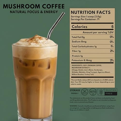 PrimePick's Brewshroom 10 in 1 Mushroom Coffee with 2000mg Adaptogenic Mushrooms, Instant, Arabica Medium Roast, Gluten-Free, Jitter-Free, No Added Sugar, Supports Gut Health & Immunity - 5 oz