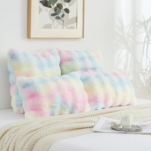FUTEI Rainbow Decorative Throw Pillow Covers 18x18 Inch Set of 2,Soft Fuzzy Faux Rabbit Fur Cushion Covers with Raised Texture,Neutral Boho Home Decor for Couch Bed Living Room