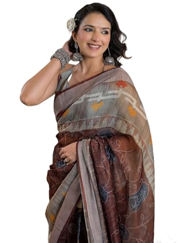 Image of Satrani Women's Linen Printed & Embroidery Ready To Wear Saree with Unstitched Blouse Piece