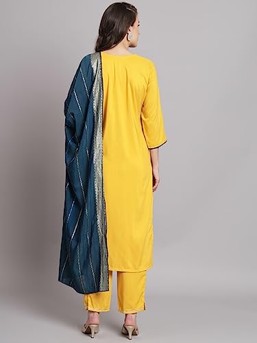 Image of VredeVogel Women Cotton Slub Straight Kurta Set With Pant and Net Embroidery Dupatta