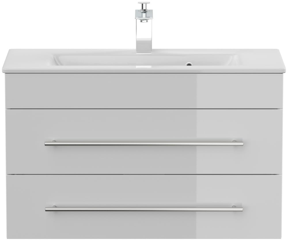 Badmöbel Mars 800 SlimLine mit Keramik Waschbecken, Weiß Hochglanz, 80 cm | SoftClose, Unterschrank mit 2 Schubladen, für Badezimmer
