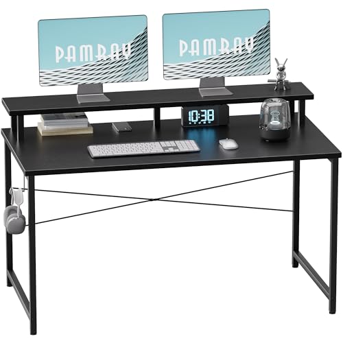 Image of Pamray 47 Inch Small Computer Desk with Monitor Stand, Simple Office Desk with Headphone Hook for Small Spaces, Kids Study Writing Table for Bedroom, Black