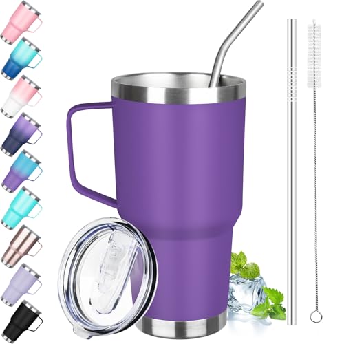 Image of 30 oz Tumbler with Handle, Stainless Steel Insulated Tumbler with Lid and Straw, Double Wall Vacuum Insulated Coffee Mug Tumbler, Insulated Coffee Thermal Cup for Cold and Hot (Purple)