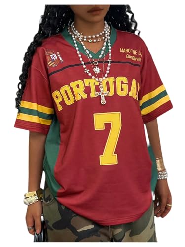 GORGLITTER Women's Plus Size Jersey Shirts Graphic Print Oversized Short Sleeve Number V Neck Y2K Mexico T Shirt