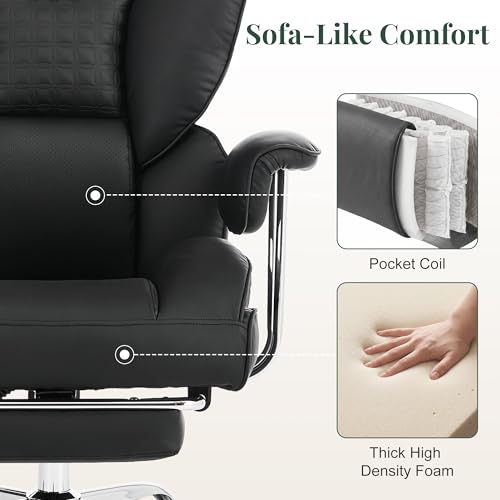 Image of Big and Tall Office Chair 400 LBS, Scratch-Resistant PU Leather Executive Ergonomic Desk Chair with Footrest, Lumbar Support, Wide Reclining Computer Seat for Home Office, Black