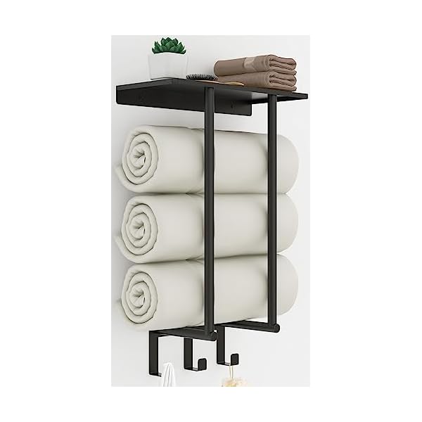 Towel Racks for Bathroom, BETHOM Towel Rack with Metal Shelf and 3 Hooks for Small Bathroom, Towel Storage Wall Can Holds Up to 3 Large Size(63x40 inch) of Rolled Towels, Black