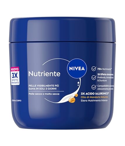 NIVEA Crema Corpo Nutriente 400 ml, Crema idratante corpo 72h, Con 3x Acido Ialuronico e Olio di Mandorla, Body lotion dalla texture ricca, Assorbimento rapido, Per pelle secca o molto secca