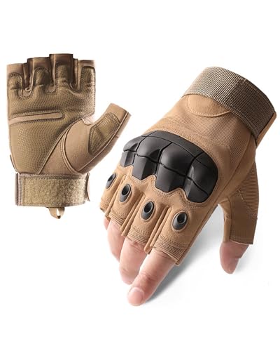 Nothing burger Fingerless Tactical Gloves Soft Rubber Knuckle Protective Breathable Lightweight Half Finger Bicycle Glove, Exercise Workout Gloves for Gym, Camping, Hunting (Brown 902, Large)