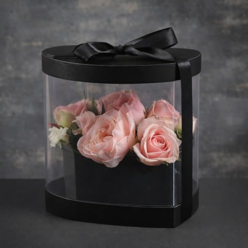Image of Oasis Valentine's Day Display Heart Box With Clear Window And Ribbon | Bouquet Box for Flower Arrangements & Hampers | Romantic Valentine Gift for Girlfriend, Boyfriend, Husband & Wife | Premium Black Heart Gift Box