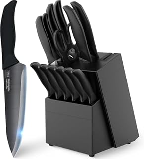 Home Hero Coltelli da Cucina con Ceppo - Acciaio Inox - Set Coltelli da Cucina Professionali - Coltelli da Tavola e Utensili Cucina (16 pezzi con Ceppo - Nero)