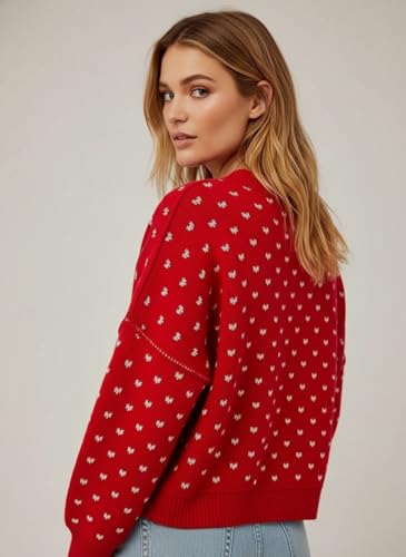 Image of Womens Cropped Pullover Sweater Polka Dot Chunky Knit Sweater Floral Printed Crewneck Long Sleeve Fall Winter Outfits