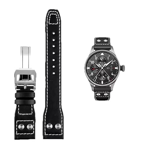 Image of Genuine Leather Watch Strap for IWC Big Pilot/Portuguese, 20mm-22mm with Buckle, Black and Brown (Black, 22mm, No Clasp)