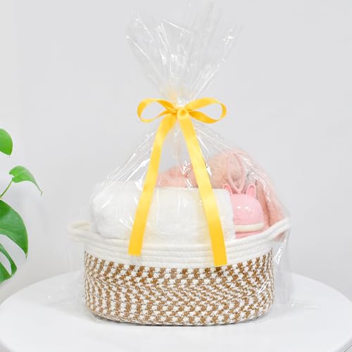 Image of ABenkle Small Basket with Handles, Boho Decorative Rope Woven Dog Cat Toy Storage Bin Shelf Storage Organizer, Easter Christmas Gift Basket, 12 inchx8 inchx5 inch