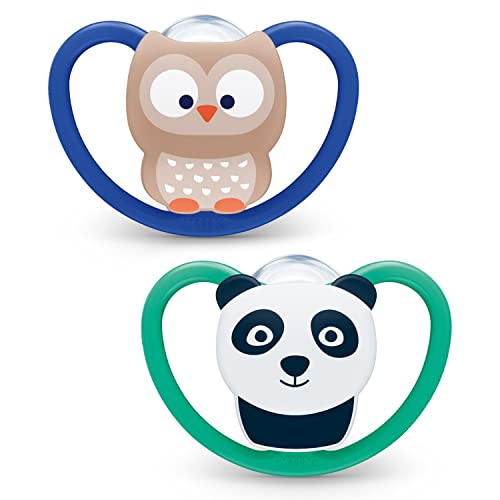 NUK Space chupete | 6-18 meses | Chupetes con ventilación adicional para pieles sensibles | Silicona sin BPA | Búho/panda | 2 unidades