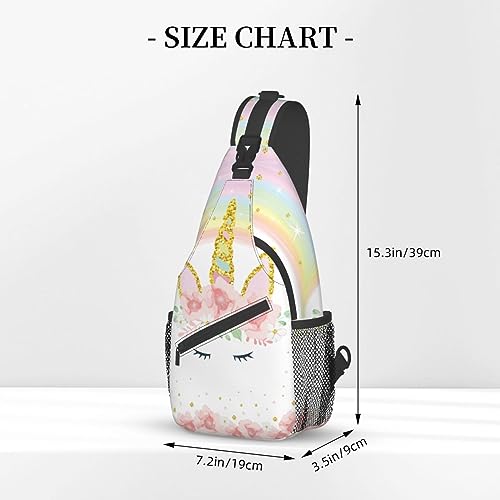 Pink Glitter Flowers Unicorn Sling Bag Crossbody Backpack for Women Men Hiking Travel Over the Shoulder Daypack Casual One Strap Pack Lightweight Cross Chest Bag Purse Outdoor Cycling3