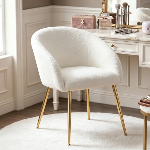 Modern Vanity Chair Small Accent Chair with Metal Legs Boucle Teddy Fabric Dining Chair Sherpa Chair for Living Room Makeup Room Waiting Room Dressing Room Bedroom Dining Room Home Office (1 White)