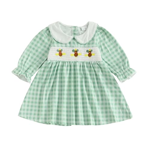 Kids Toddler Baby Girl Thanksgiving Dress Outfit Turkey Peter Pan Collar Smocked Plaid Dresses Fall Winter Clothes