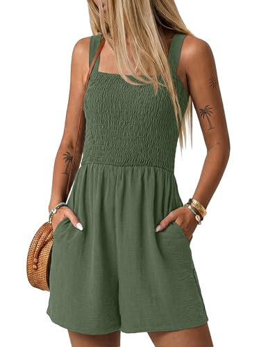 Image of Lepunuo Womens Rompers for Summer Casual Smocked Jumpers Overalls Square Neck Jumpsuits with Pockets Beach Vacation