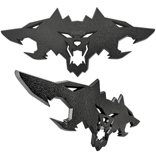 Image of Yautja 3D Metal Cerberus Badge Sticker Wolf Head Matte Black Emblem Decals | Cyberbeast Emblem, Wolf Pack Emblem Decal, Zinc Alloy Rear Side Front Badge, Universial Decorative Decal for Cybertruck Motor