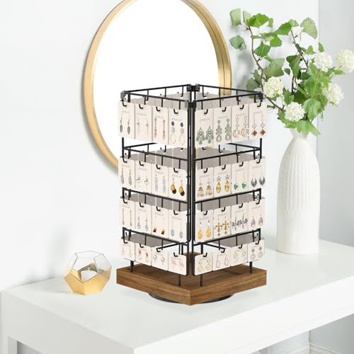 Image of EsLuker.ly Rotating Earring Display Holder Stand for Vendors Events Selling, Large Capacity 64 Hooks Jewelry Rack with Wooden Base for Earring Card Sales, Enhances Retail Display Visibility