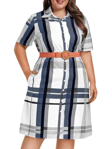 Image of ChiaoLezhee Plus Size Shirt Dress, Colorful Plaid Match Waistband, Fits 1XL-5XL