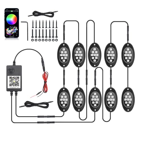 RGB LED Rock Lights, underglow led Lights for Cars Chasing Neon Music Lighting Kit with App/Remote Control & Music Mode Rock Lights Kits for ATV RZR UTV SUV Off Road AUTO (10PC)
