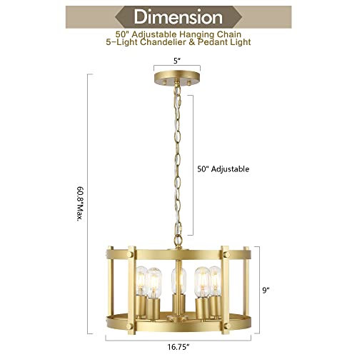 Wingbo 5-Light Farmhouse Round Chandelier, Industrial Hanging Pendant Light With Metal Drum Shade, Height Adjustable For Flat And Slop Ceiling, Kitchen Island, Dining Room, Living Room, Gold #TOP1