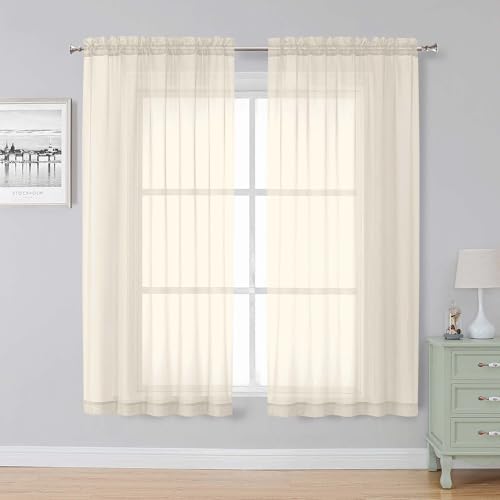 Image of Simplebrand Cream Sheer Curtains, 63 inch Length, 2 Panels Set - Light Filtering, Rod Pocket Window Curtains for Bedroom (Cream, 59 inch W x 63 inch L)