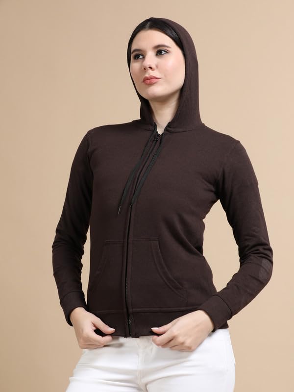 Image of Wafaa Women's Cotton Plain Hooded Neck Full Zipper Sweatshirt Hoodies with Kangaroo Pocket