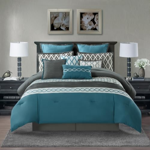 Grand Avenue Blue 10 pc Comforter Set, Geometric Jacquard Oversized Bedding