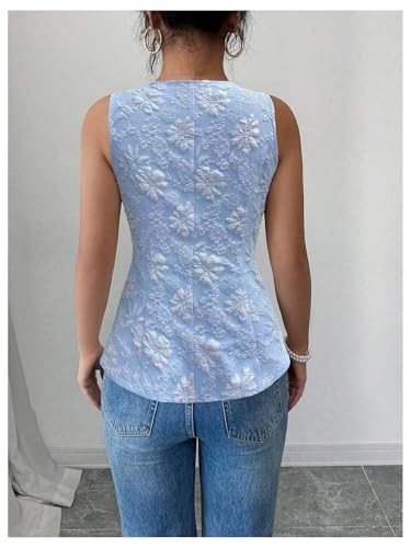 SHENHE Women's Summer Pearl Button Up Sleeveless Floral Textured Long Vest Dressy Top2