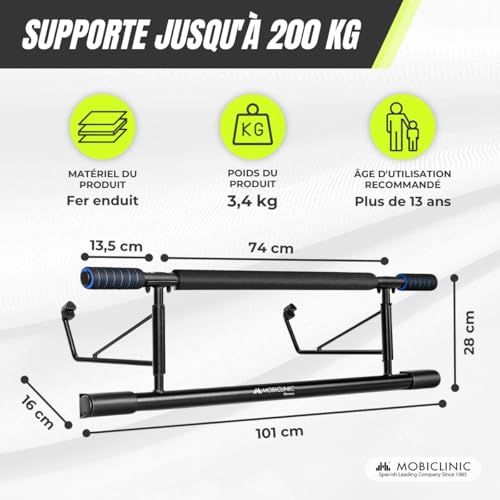Mobiclinic®, Barre de Traction suspendue, Barre de Porte, Sans outil, K5, Max. 200 kg, Avec poignées élastiques en mousse antidérapante, Acier, Réglable 70-92 cm, Exercices à domicile – Image 3