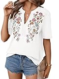Mexican Shirts for Women Embroidered Tops Traditional Summer Blouse Floral Tunic V Neck Short Sleeve T Shirt...