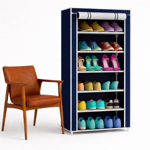 Image of 6-Tier Shoe Rack with Dust-Proof Cover, Black with Gold Trim, Multi-Pair Storage Organiser (Blue)