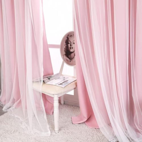 Image of Pink Blackout Curtains with Sheer Overlay, 2 Panels, Thermal Insulated & Soundproof, Lace Trim for Bedroom, Nursery, Living Room - Modern Pink Drapes, Room Darkening Curtains, 52x84 Inches