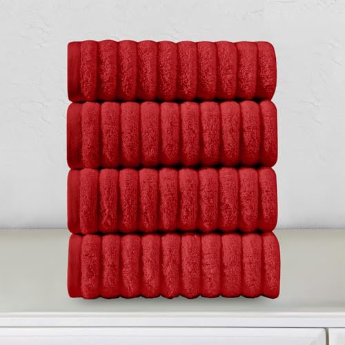 Image of Elegant Comfort Luxury 100% Turkish Cotton Corduroy Ribbed 4 Pack Hand Towel Set 16 x 28 Inch - Absorbent, Super Soft, Quick Dry, Premium Towels for Bathroom, Gym, Spa and Hotel Use, Red