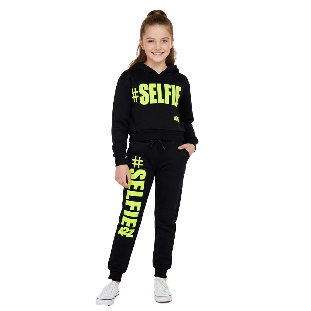A2z 4 Kids Girls Black & Neon Green Tracksuit Hoodie Sweatshirt Top Bottoms Comfortable - T.s Crop Selfie Black Neon Green 11-12