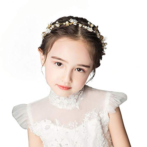 Prdgirl Flower Girl Headpiece White Little Daisy Gold Leaf Faux Pearls Rhinestone Floral Leaves Hair Accessories Girls Bridal Party Wedding #TOP4