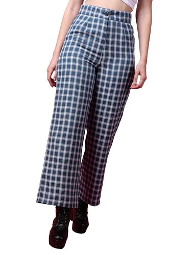 Image of POPWINGS Casual Check Print Button and Zip Closure Trouser for Women | Western Wide-Leg Trouser for Women | Summer Trousers for Women | Comfortable Semi-Formal Work Trouser for Women