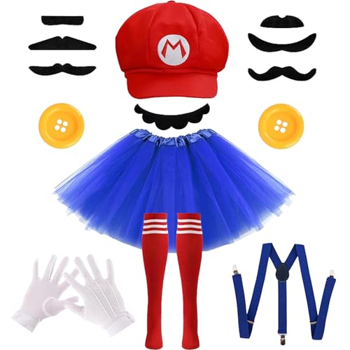NEOELASIEN 7 Pcs Halloween Funny Costumes Accessories for Adults Women Plumber Costume Cosplay Party Set Tutu Hat Gloves Socks Buttons Mustaches Suspenders-Red